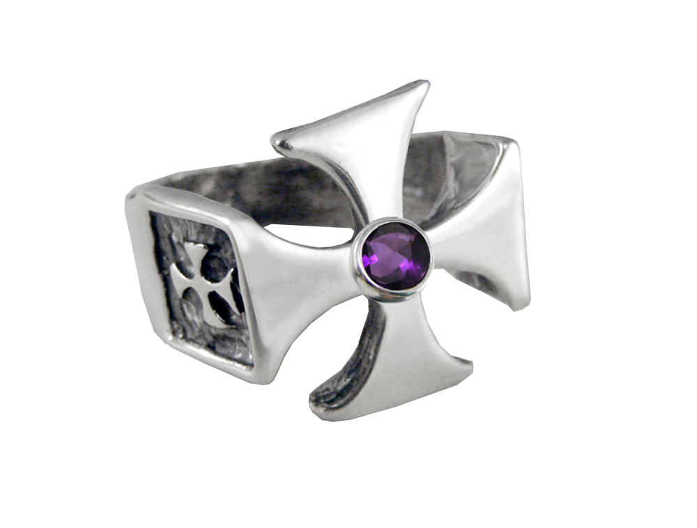 Sterling Silver Iron Cross Ring With Faceted Amethyst Size 10